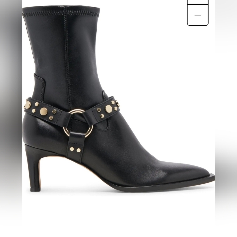 Dolce Vita Black Heeled Boots with Gold Accents - Picture 2 of 11